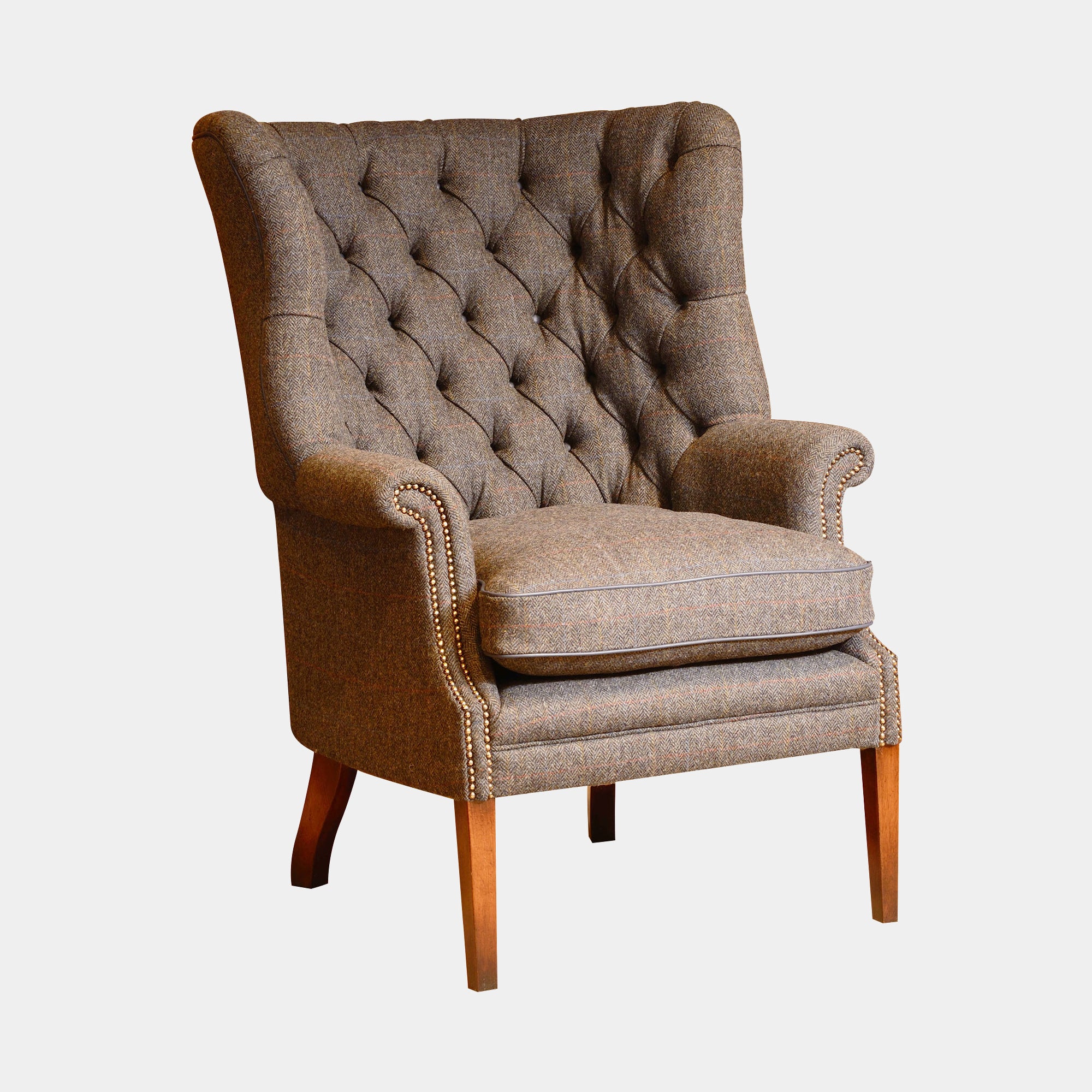 Harris Tweed Wing Chair - Option A - In Fabric With Hide Buttons & Piping