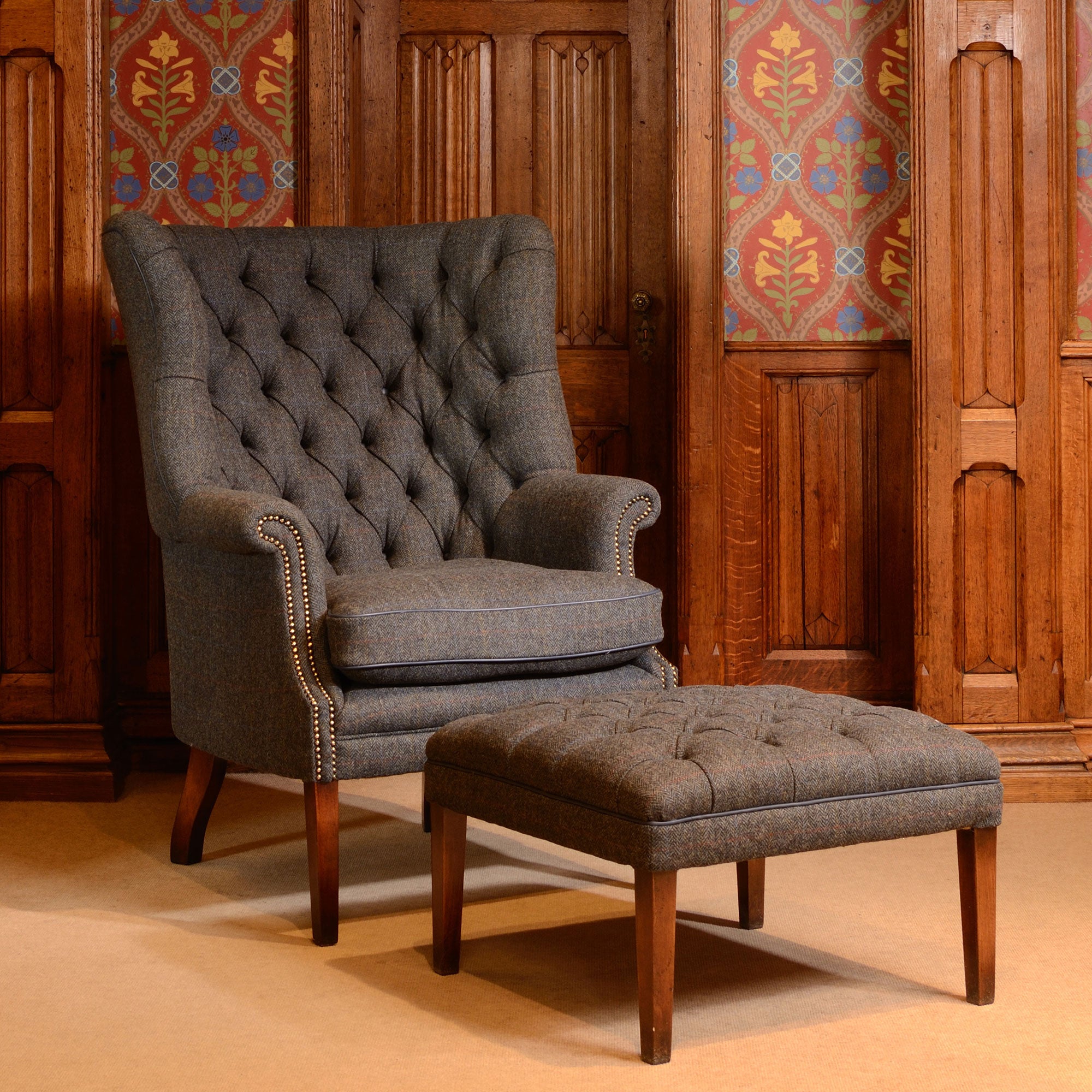 Harris Tweed Wing Chair - Option A - In Fabric With Hide Buttons & Piping