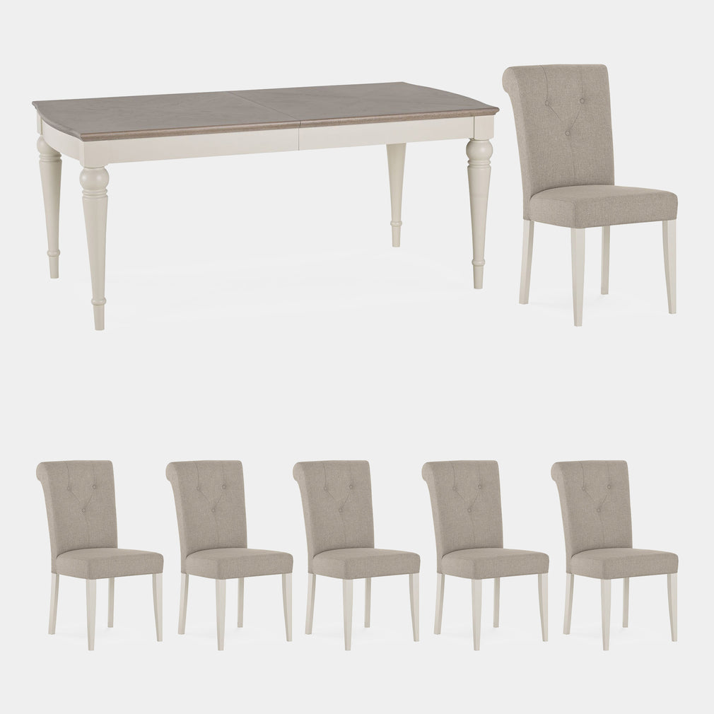 Chateau - Grey Washed Oak & Soft Grey 6-8 Extension Table & 6 Upholstered Fabric Chairs