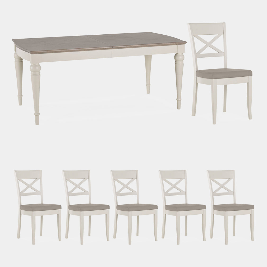 Chateau - Grey Washed Oak & Soft Grey 6-8 Extension Table & 6 x Back Chairs