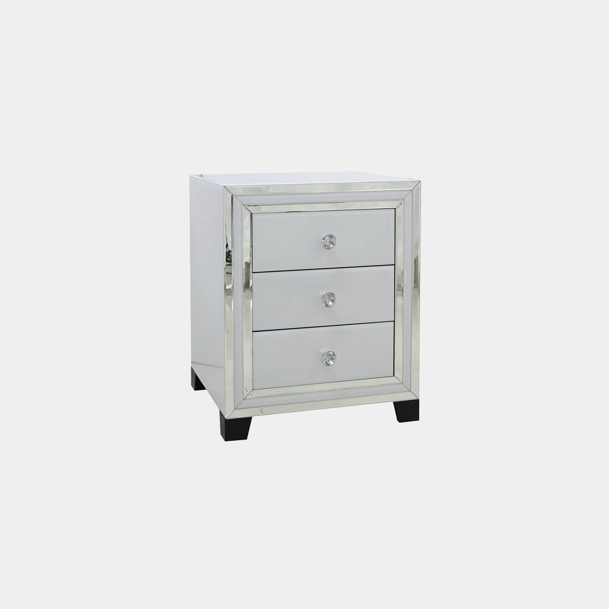 Madison - 3 Drawer Bedside Cabinet White Clear & Mirror Finish