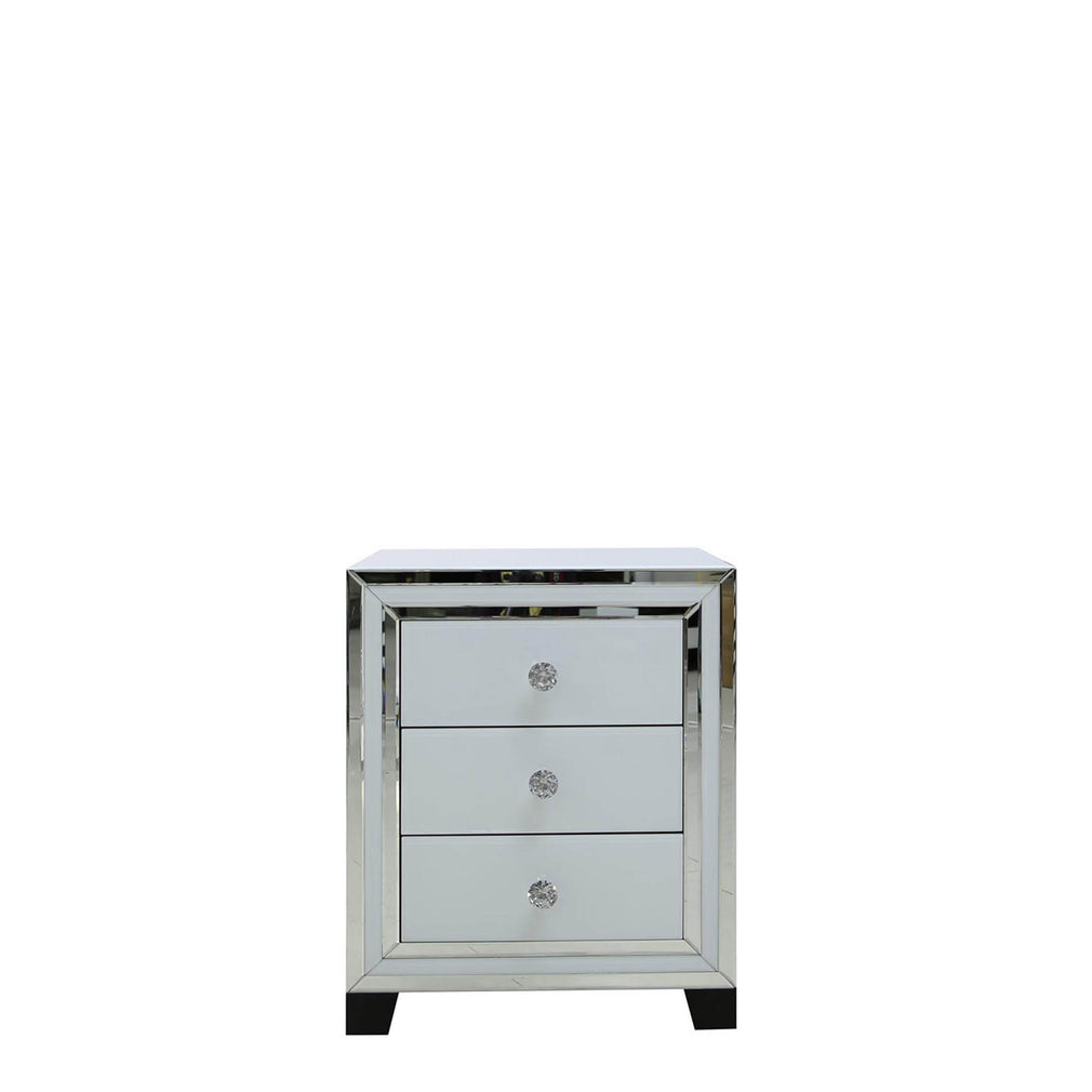 Madison - 3 Drawer Bedside Cabinet White Clear & Mirror Finish