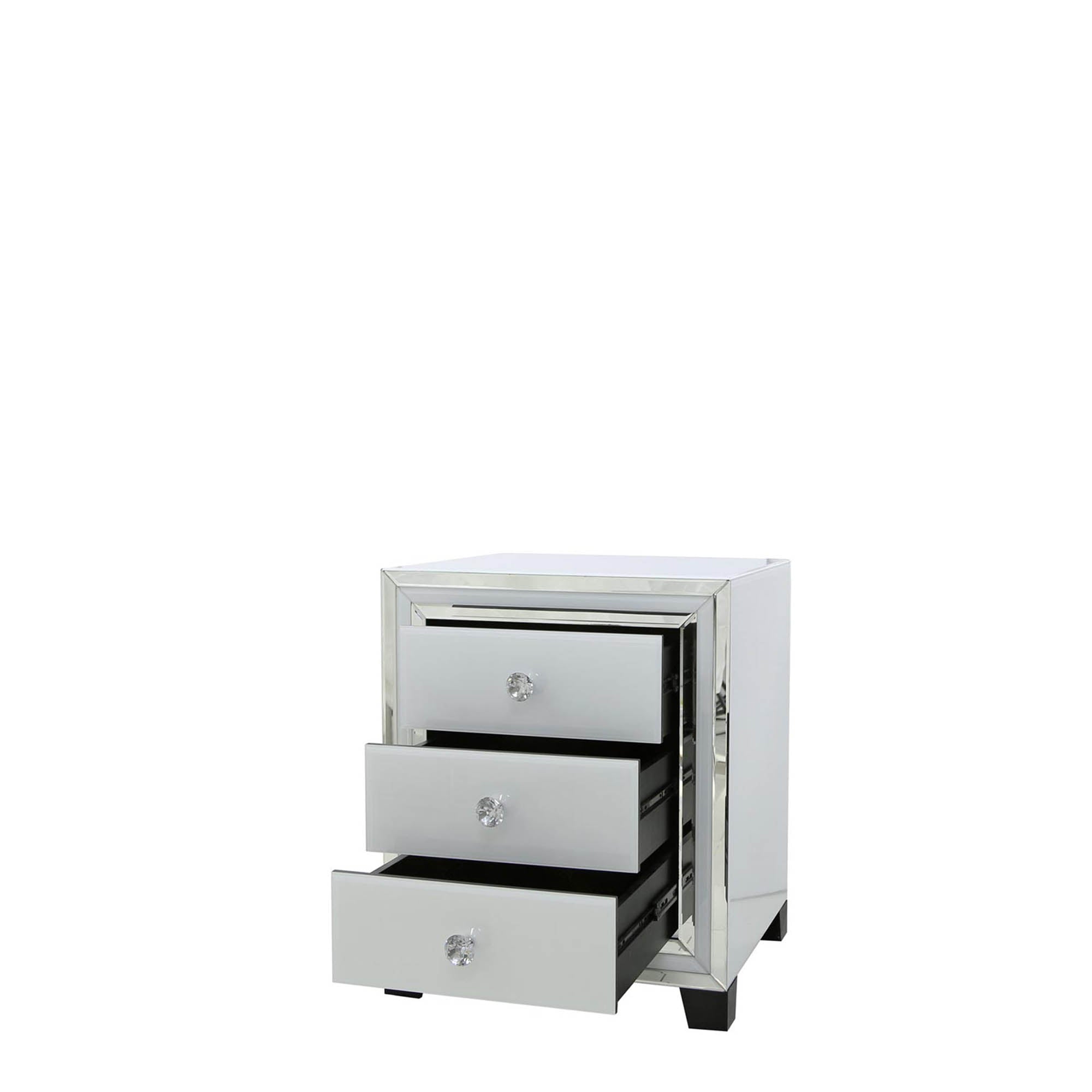 Madison - 3 Drawer Bedside Cabinet White Clear & Mirror Finish