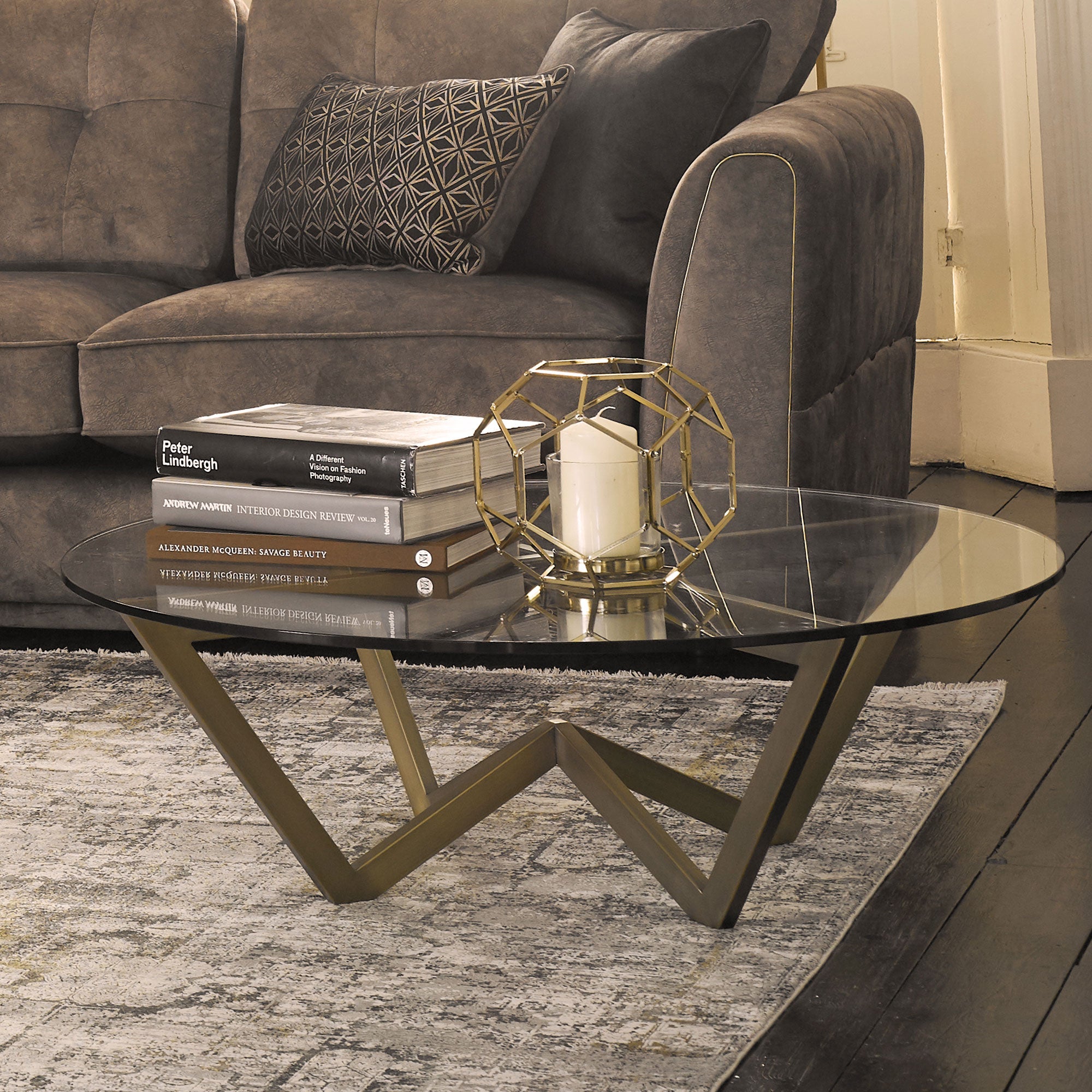 Circular Glass Top Coffee Table with Brushed Bronze Finished Frame