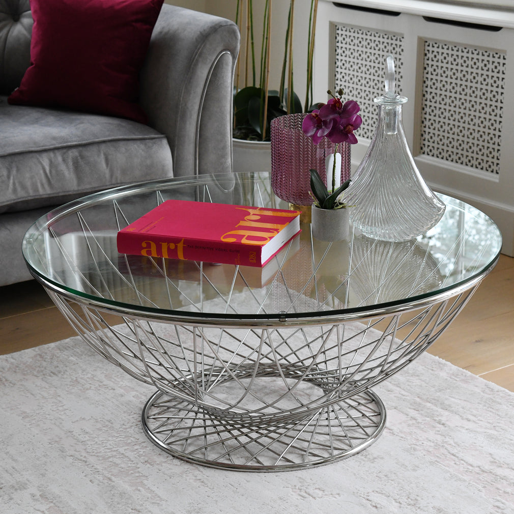 Coffee Table With Clear Toughened Glass Top & Stainless Steel Base