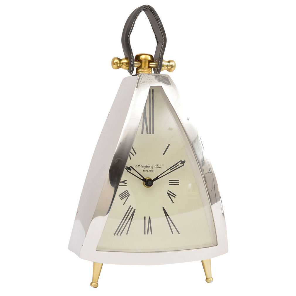 Isosceles Curved Front Leather Handle Mantel Clock - Polished Silver