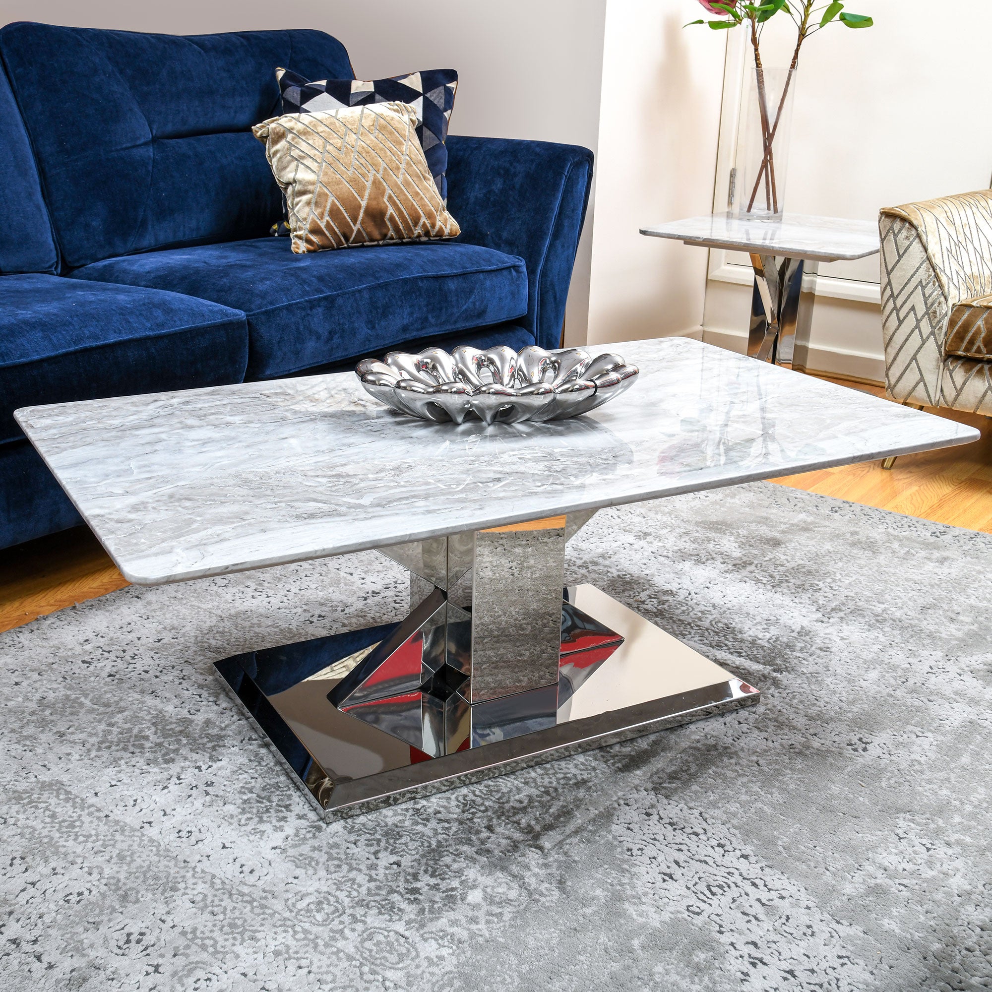 Coffee Table Grey Marble Top With Chrome Finish Base (Assembly Required)