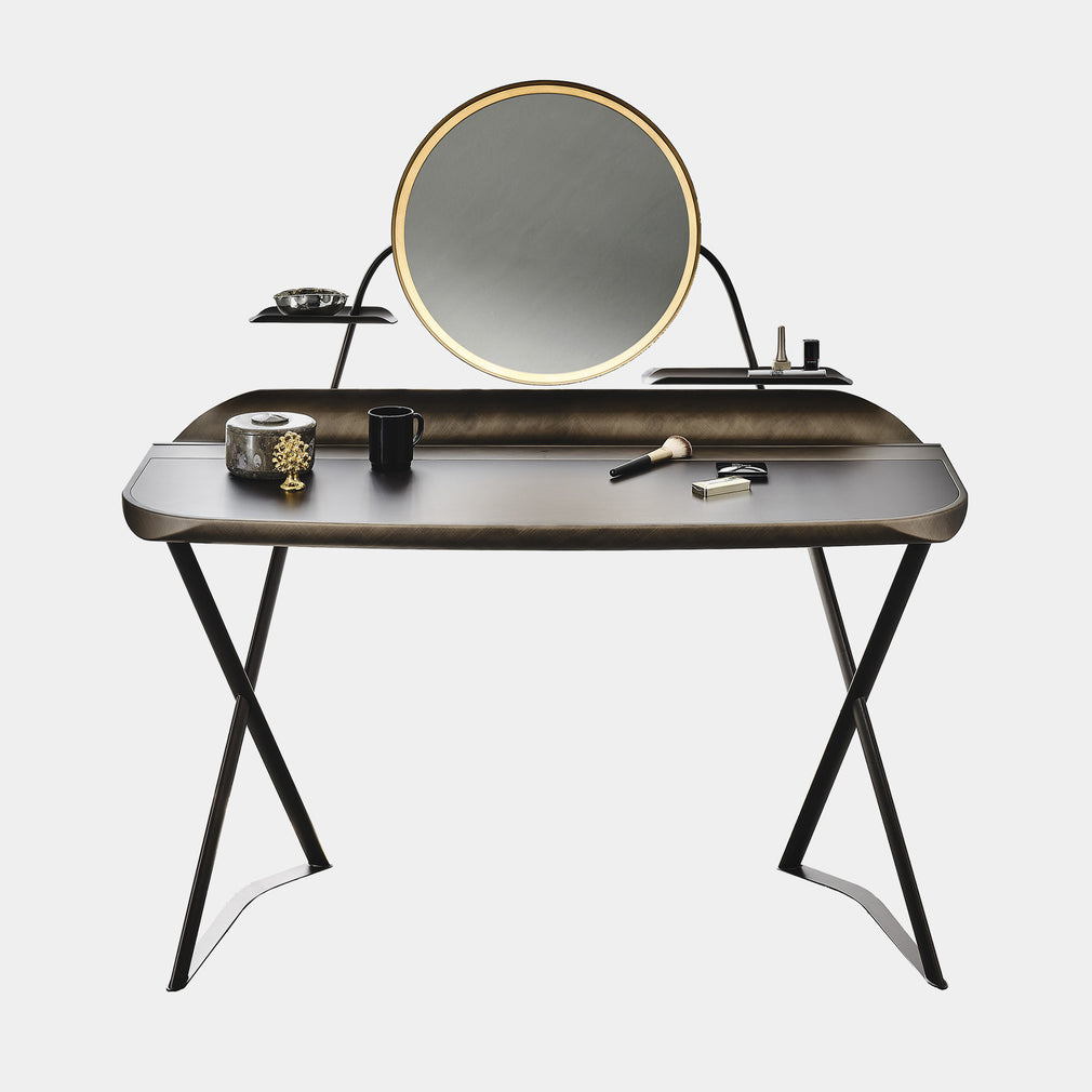 Desk With LED Light GFM73 Black Structure Top In Leather Frame In Brushed Grey /Bronze