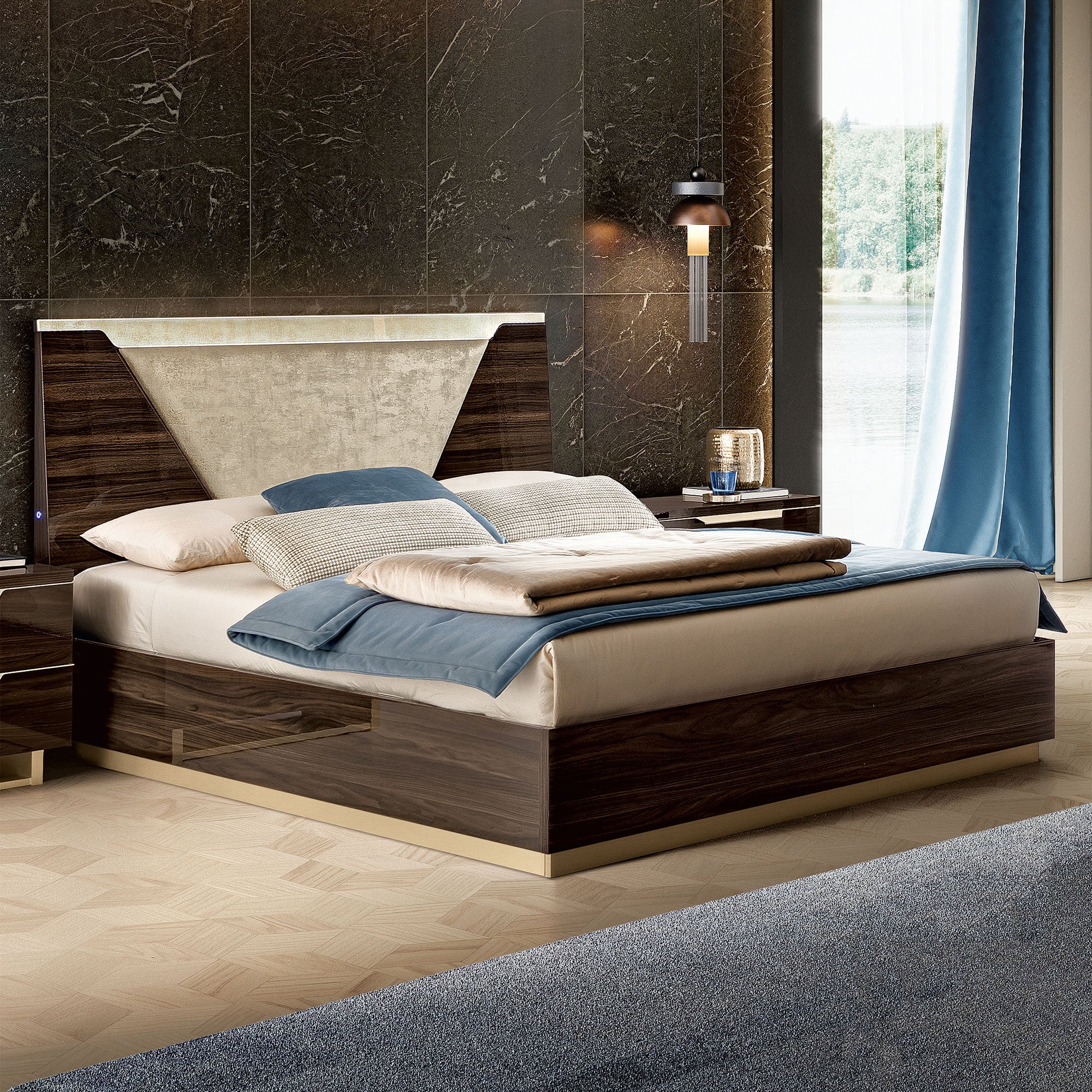Sahara - 154cm Bed With Wooden Headboard Including LED Lights In Glossy Dark Walnut Finish