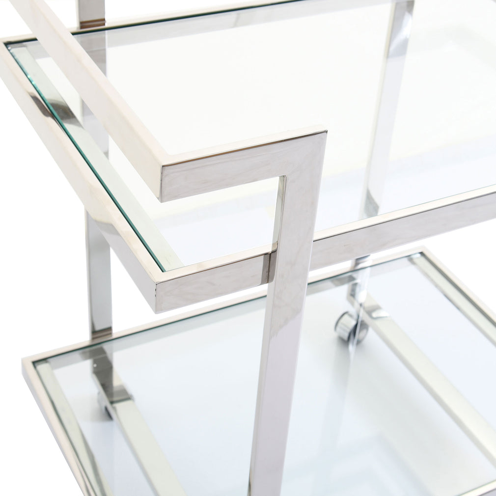 Trolley Table With Clear Glass Top & Polished Stainless Steel Frame  (Assembly Required)