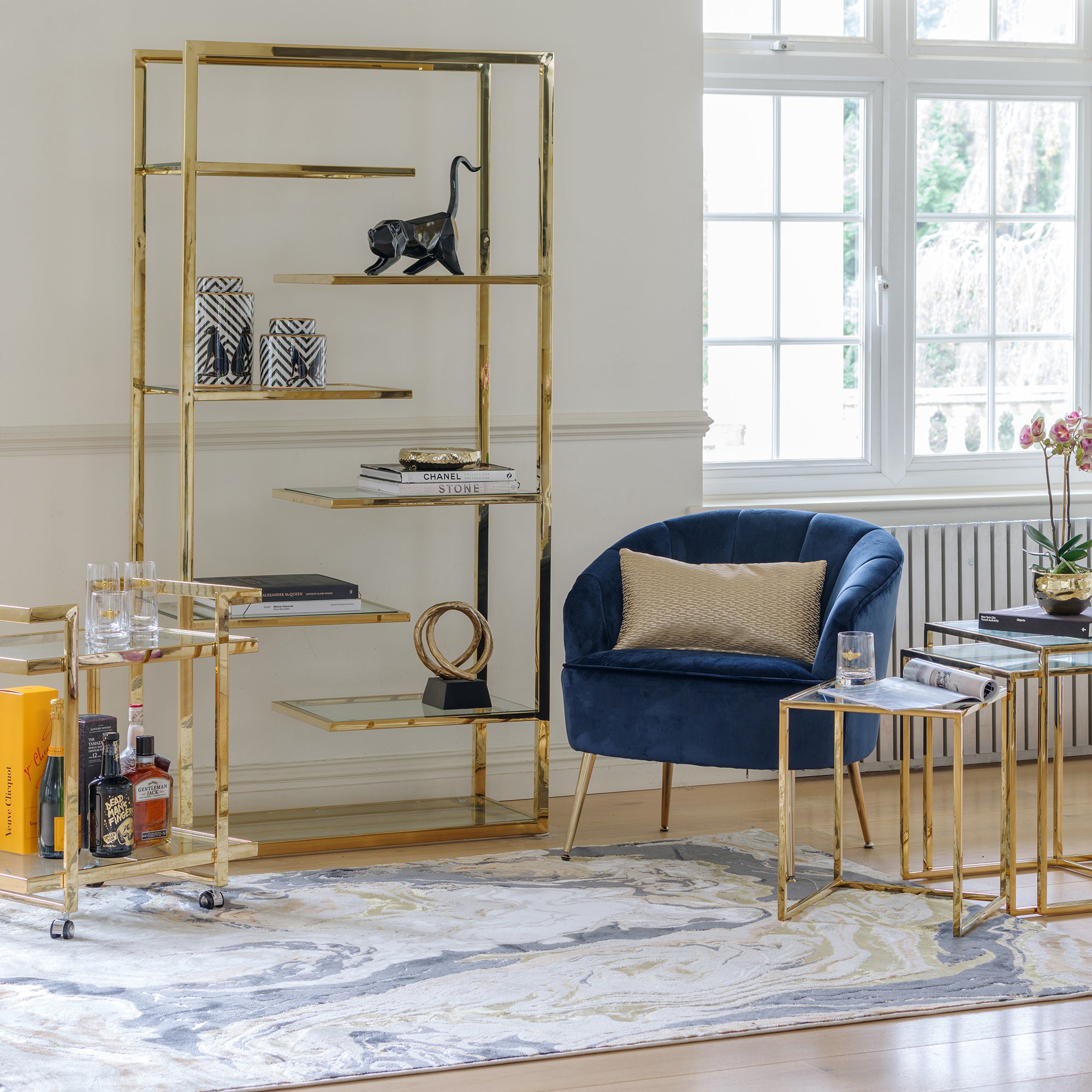 Display Cabinet With Clear Glass Shelves & Gold Steel Frame