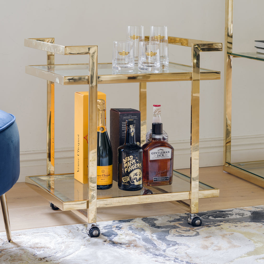 Trolley Table With Clear Glass Top & Gold Steel Frame (Assembly Required)