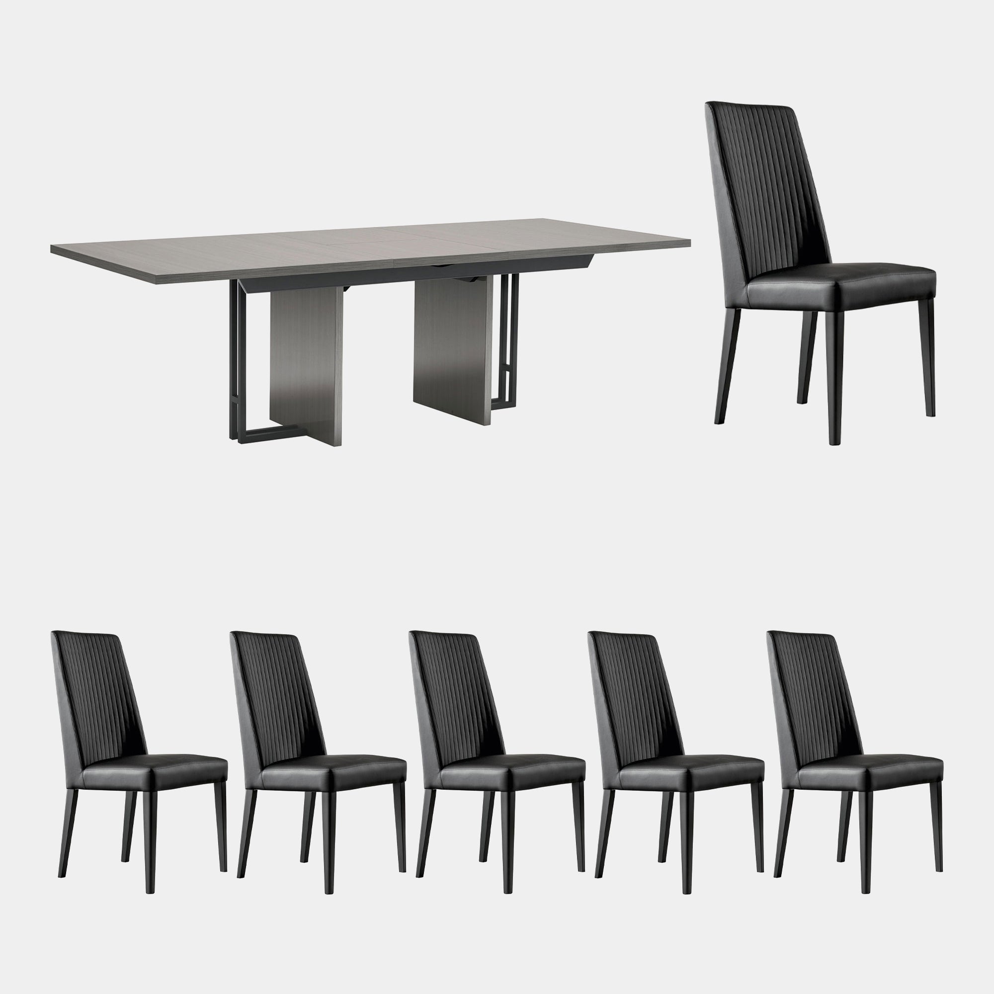 196cm Ext. Dining Table In High Gloss Silverwood With 6 Chair In Black Ecoleather