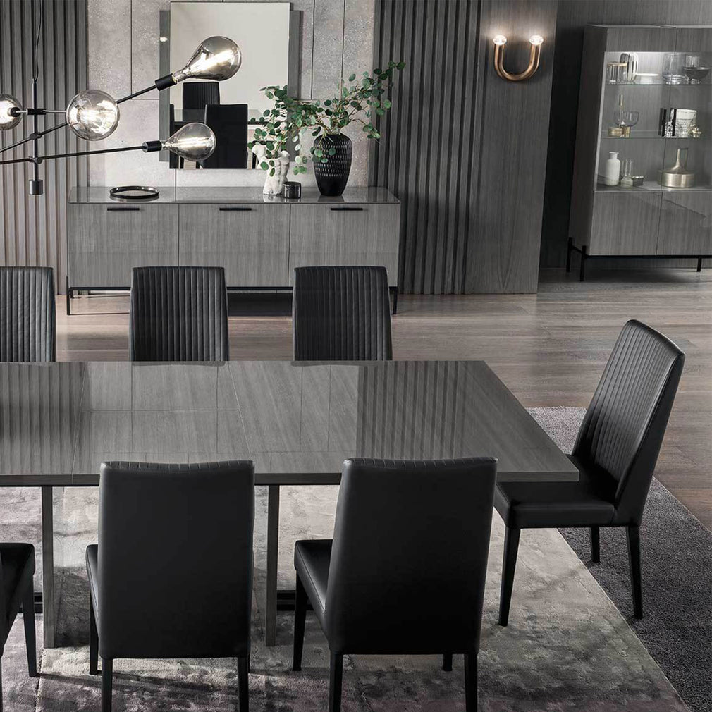 196cm Ext. Dining Table In High Gloss Silverwood With 6 Chair In Black Ecoleather