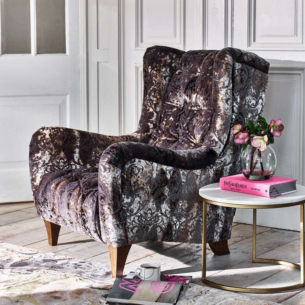 Accent Chair In Fabric Grade D Brocade Bronze With Dark Woood Feet