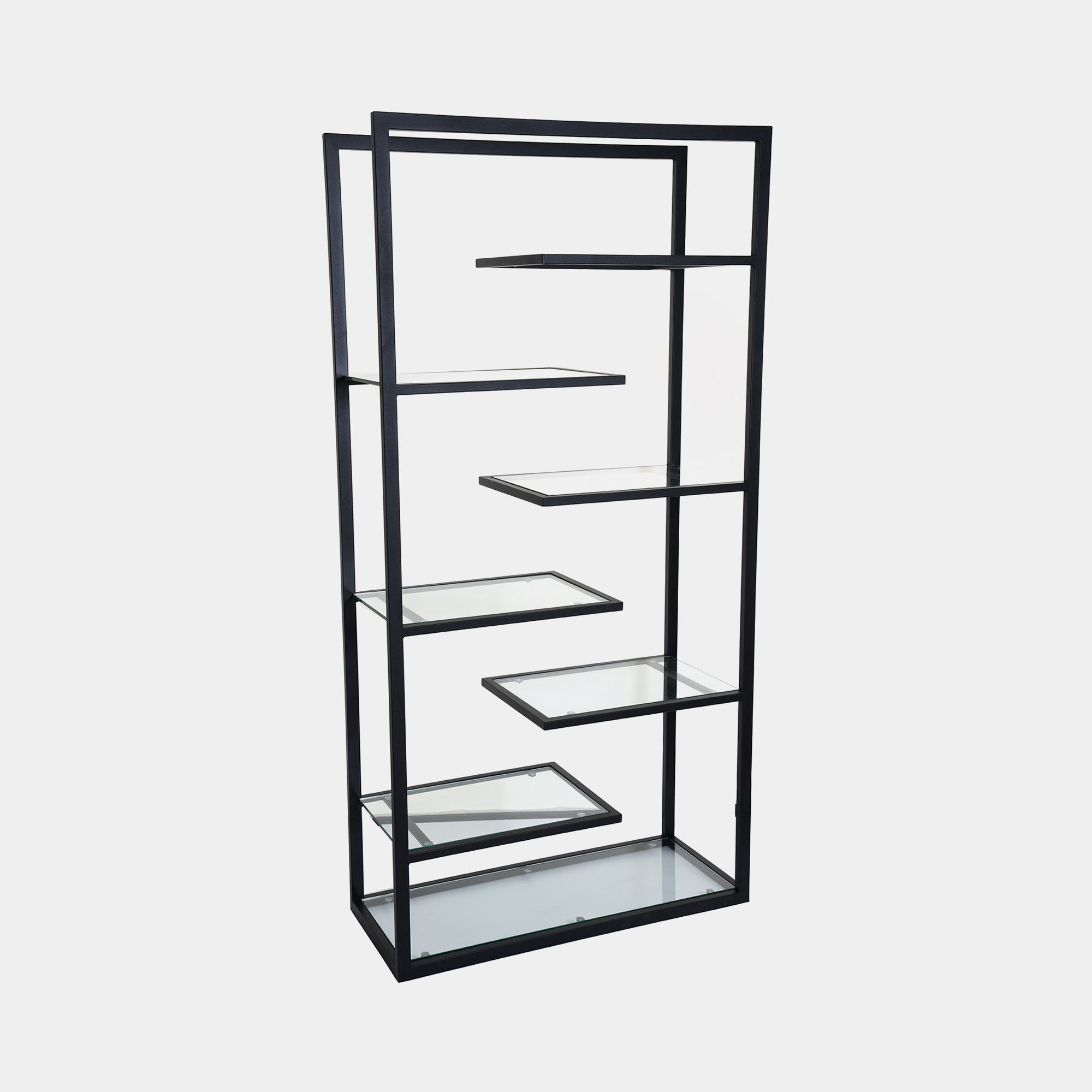 Display Unit With Black Steel Frame & Clear Glass Shelves