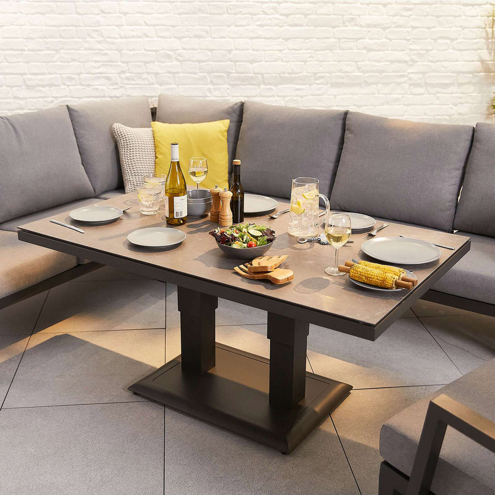 Corner Dining Set With Rising Table, Lounge Chair And Bench Footstool In Grey Aluminium