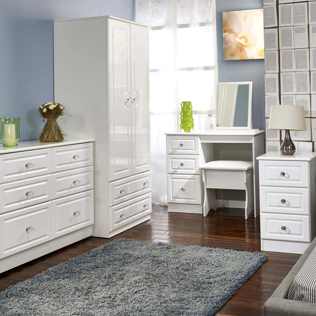 Lincoln - 5 Drawer Bedside White High Gloss With Crystal Handles