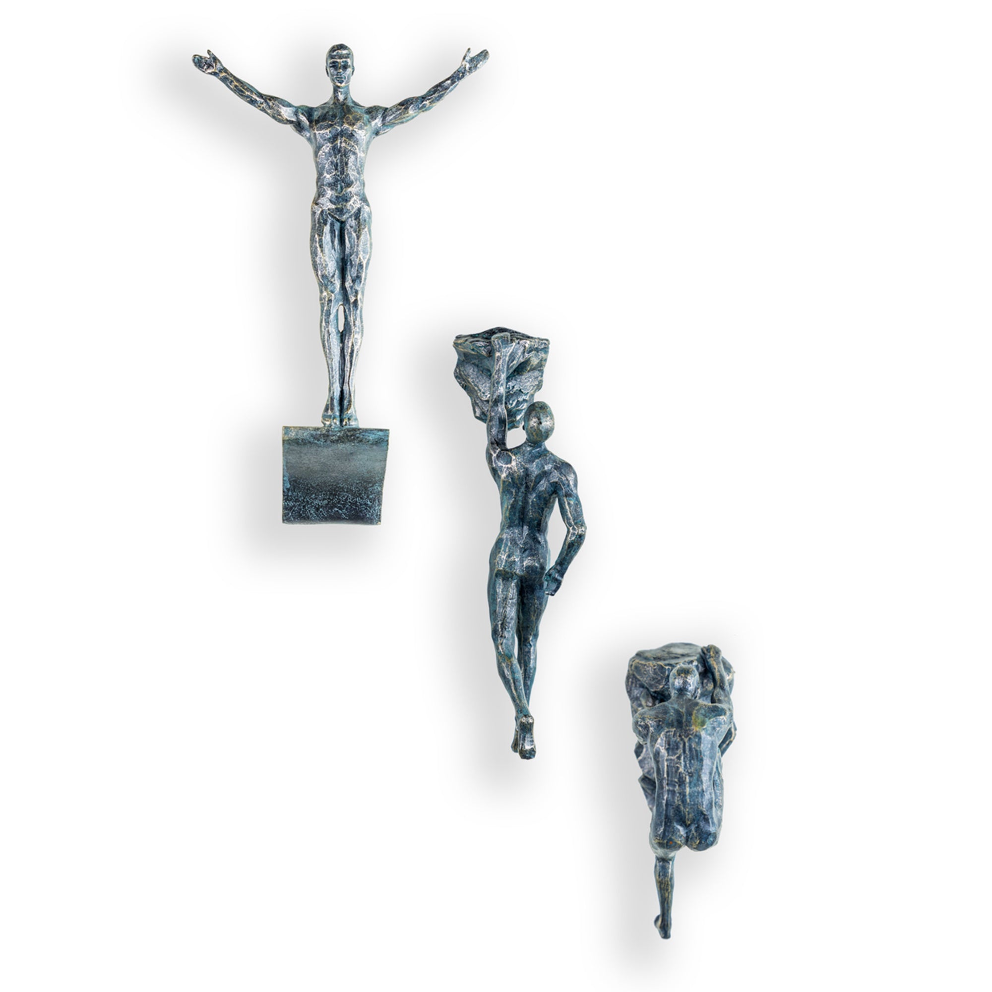 Rock Climbing Men Antique Bronze Wall Figures - Set Of 3