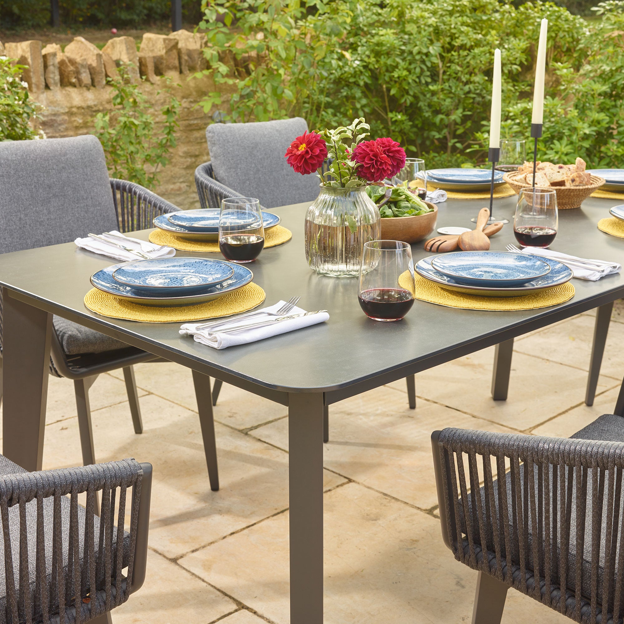 Rectangular 183 x 96cm Dining Table And 6 Chairs In Rope Effect Anthracite Including Parasol & Base