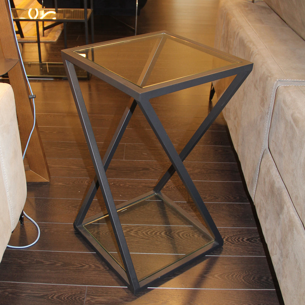 40x70cm X Frame End Table With Clear Glass Top & Black Steel Frame
