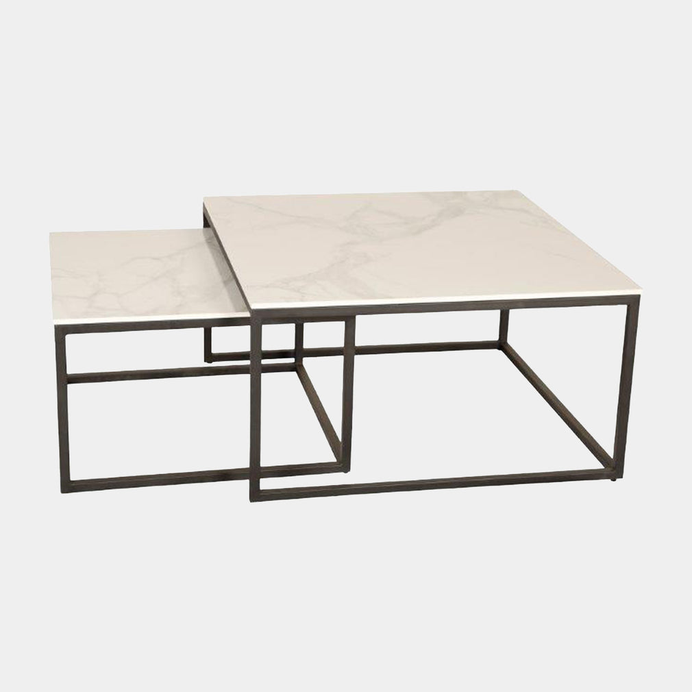 Square Coffee Nest Of 2 Tables, White Ceramic Top, Powder Coated Metal Legs (Assembly Required)