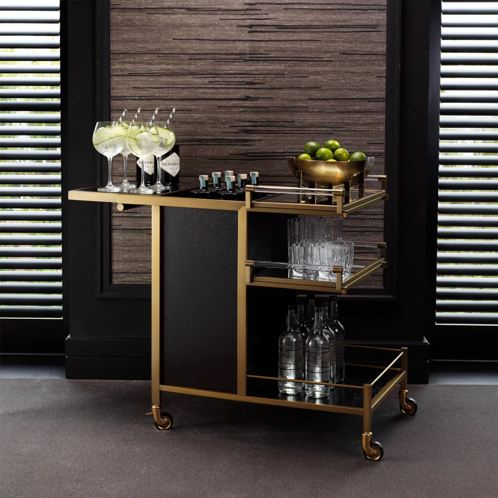 Trolley - Brushed Brass/Black Oak Veneer Finish