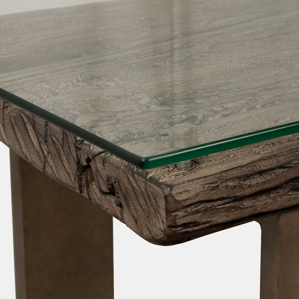 Console Table Reclaimed Railway Sleeper With Glass Top & Matt Grey Metal Base