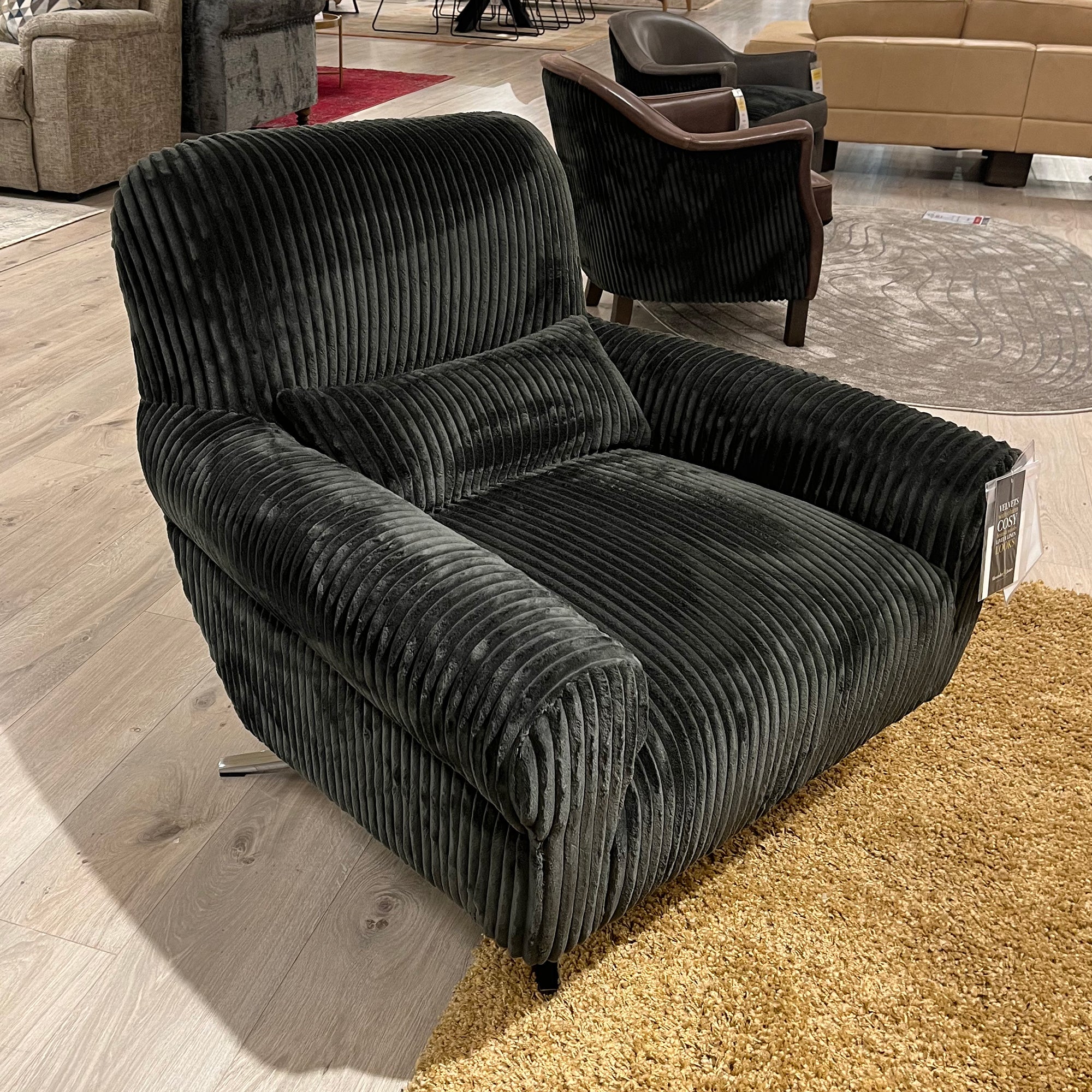 Levante Swivel Accent Chair In Fabric Mogan Charcoal, Chrome Base