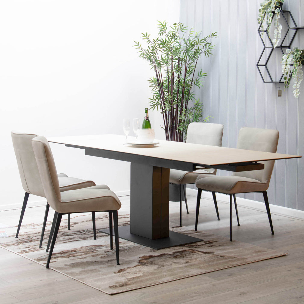 Seville - 160cm Exteding Dining Table In Beige Ceramic With Charcoal Base