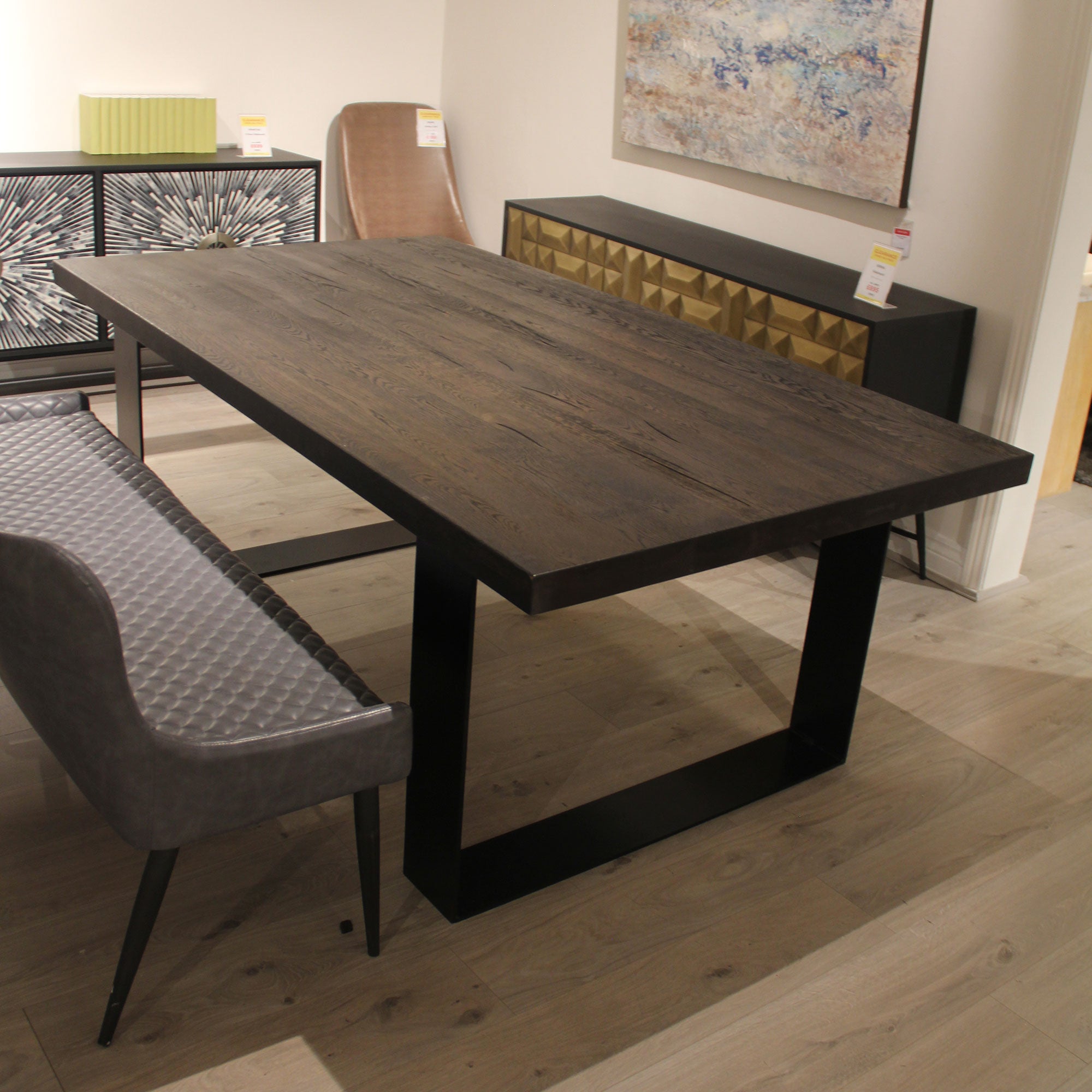 Colossus 200cm x 110cm straight edge dining table, dark wood top, black U-shaped legs / use