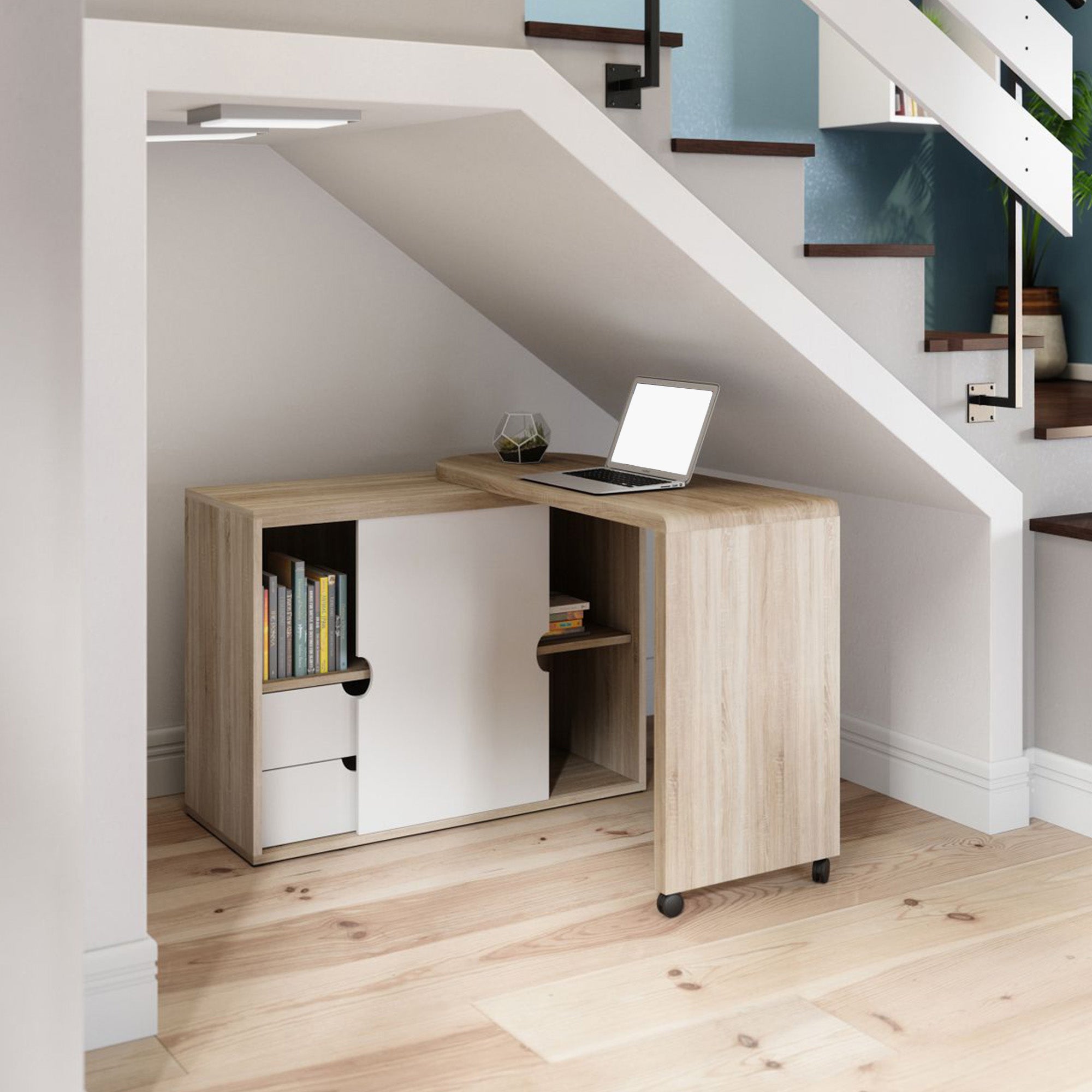 Ryan - Folding Cupboard Desk In Sonoma Oak With White Front