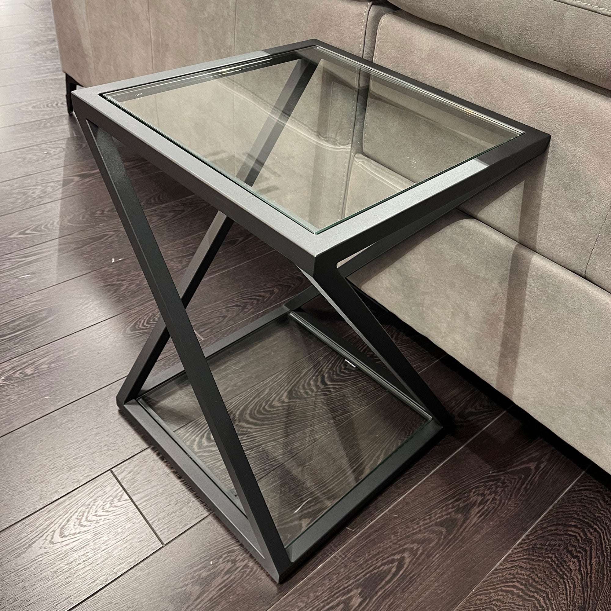 Padua 40x55cm X Frame End Table With Clear Glass Top & Black Steel Frame