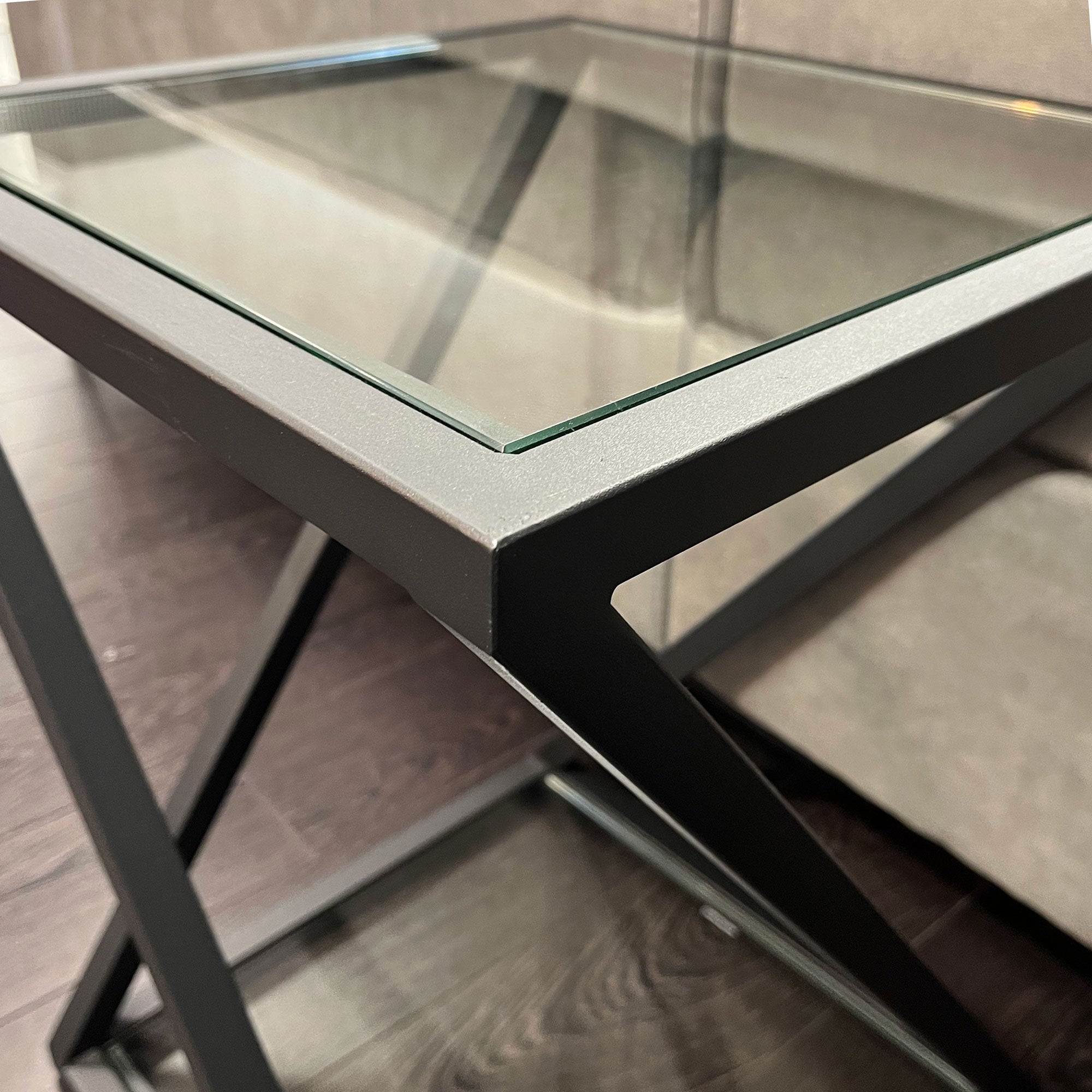 Padua 40x55cm X Frame End Table With Clear Glass Top & Black Steel Frame