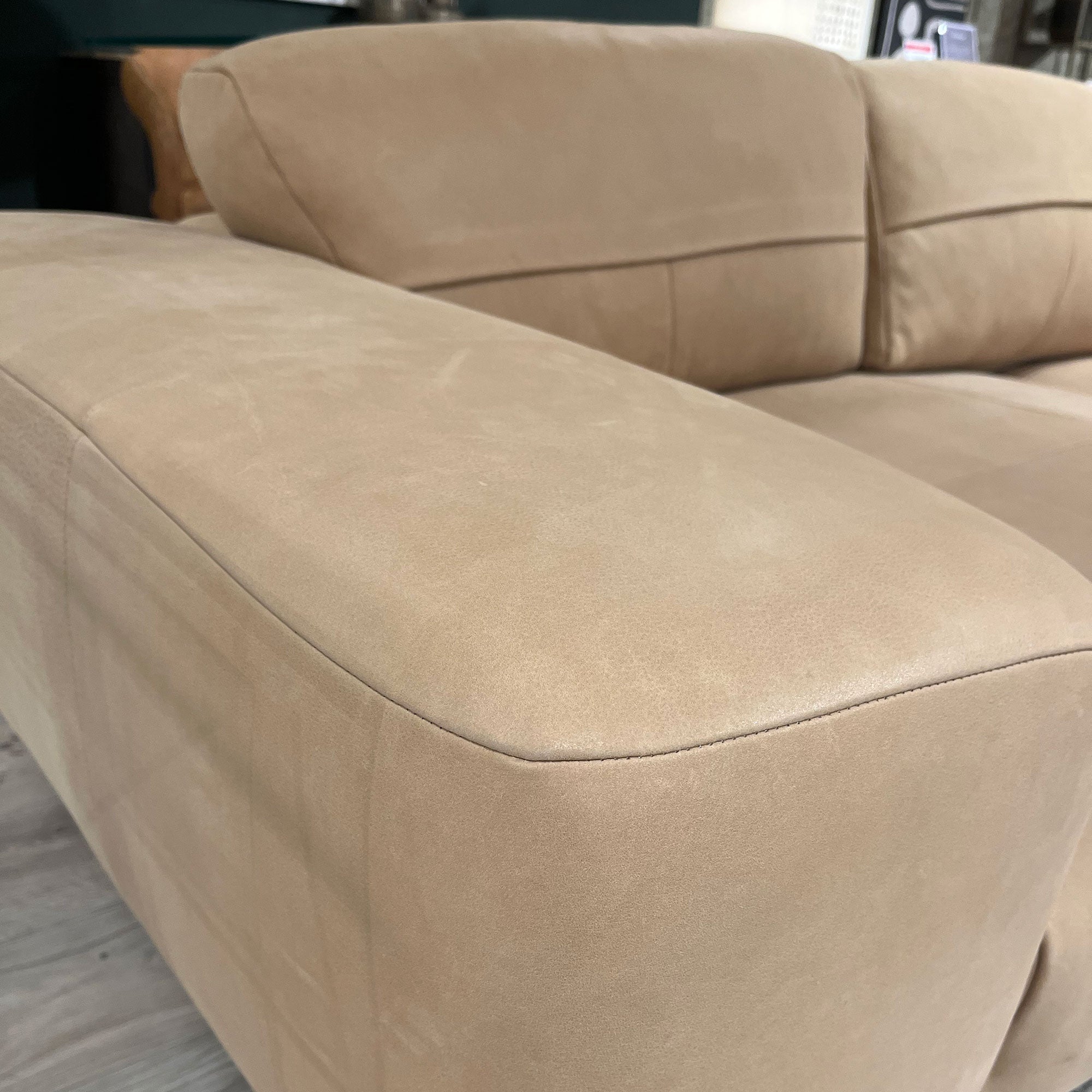 Bora 3 Seat Split Sofa In Full Aniline Leather  Native Sand, Smoked Wood Foot