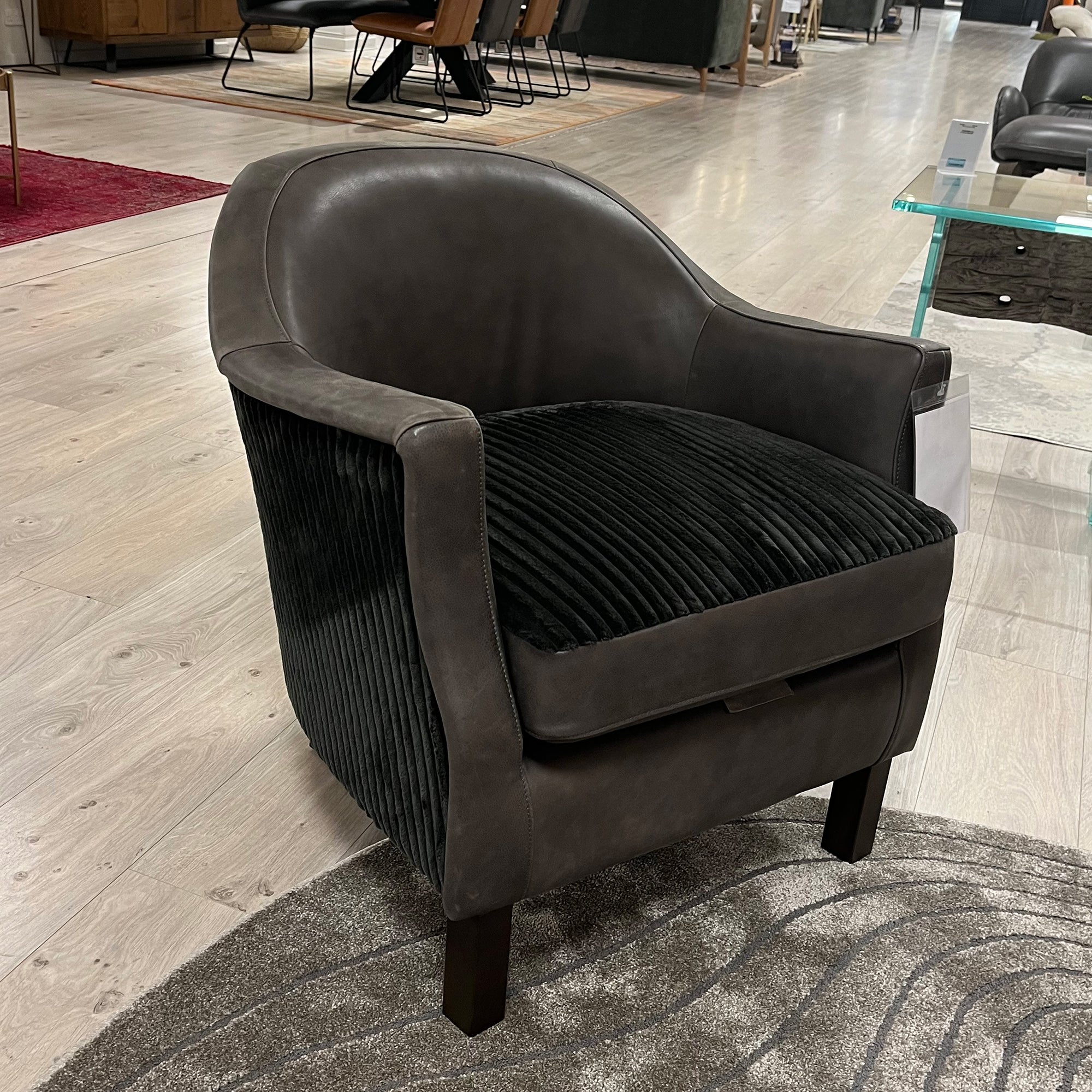 Zagato Tub Chair In Mogan/Full Aniline Leather Mix Mogan Charcoal/Native Charcoal, Smoked Wood Foot