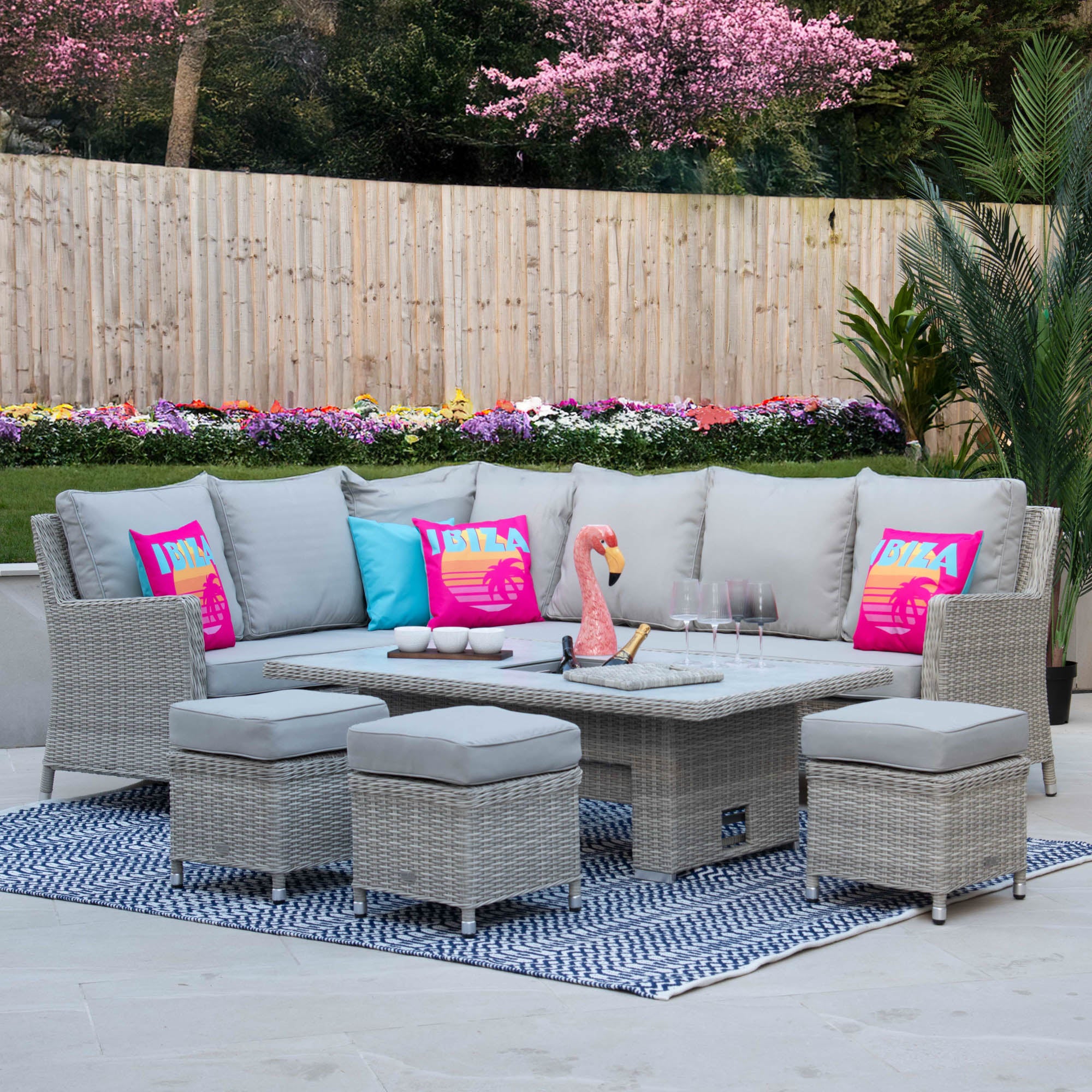 Corner Rising Dining Set With 3 Stools In Light Grey Rattan