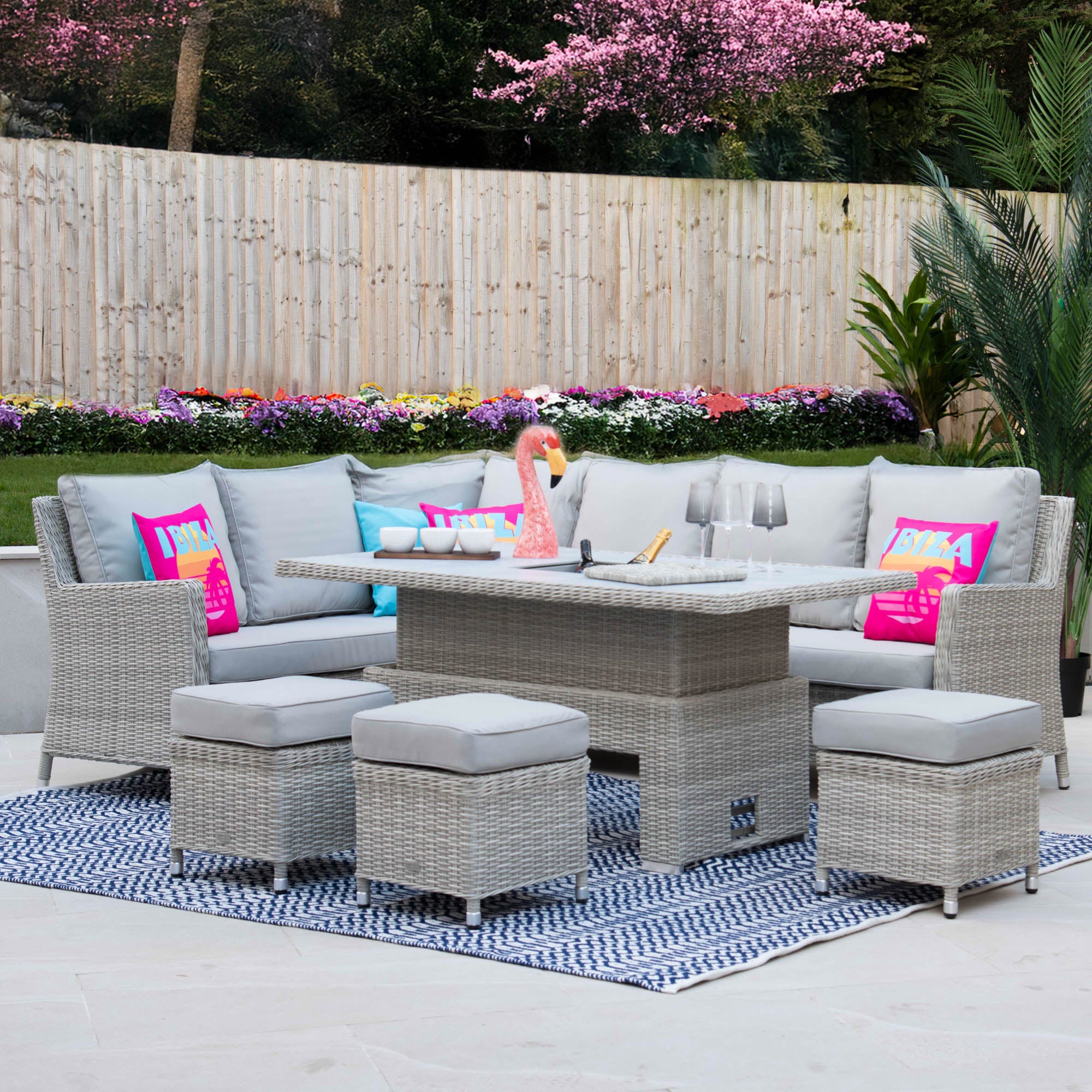 Corner Rising Dining Set With 3 Stools In Light Grey Rattan