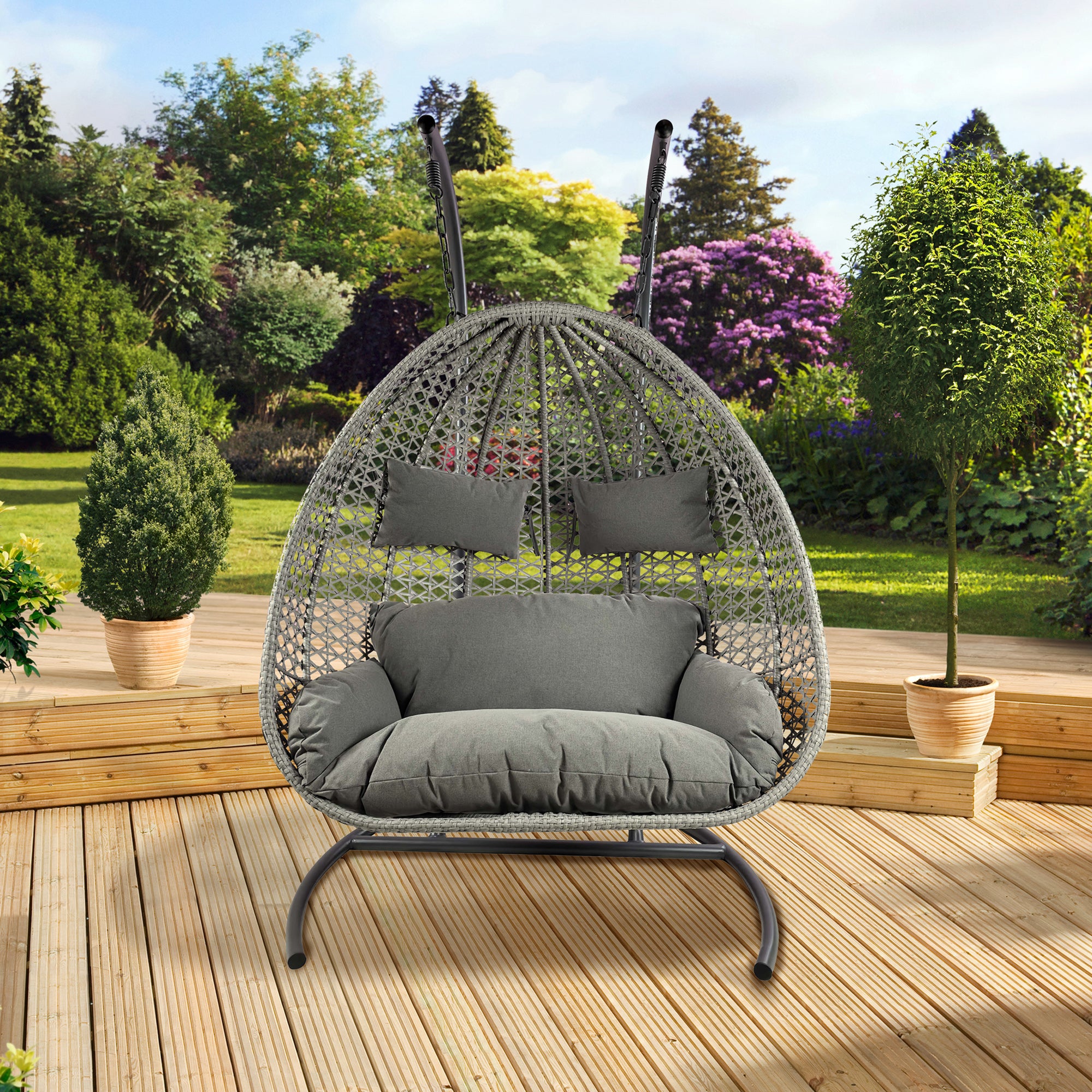 Double Hanging Egg Chair Including Cushion In Rattan Grey Weave