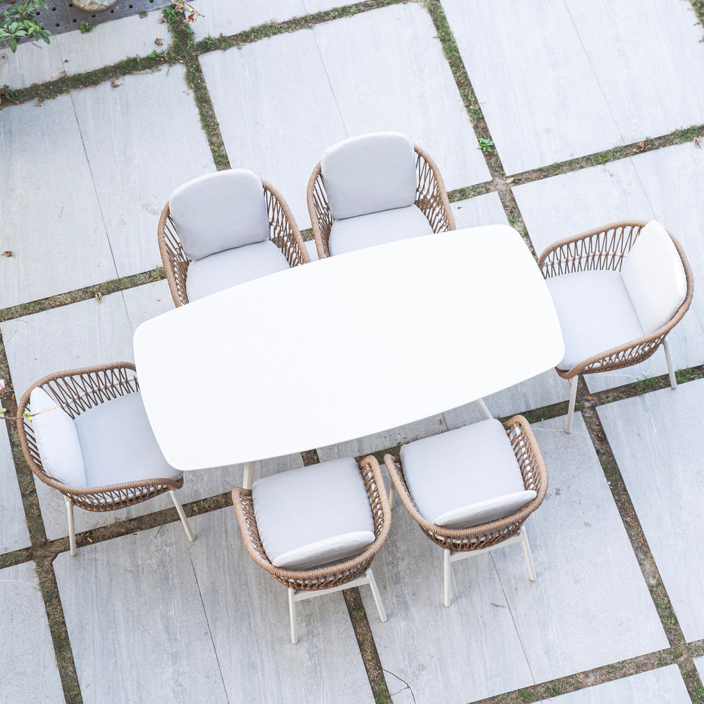 Longboat Key - 180cm Dining Set With 6 Chairs With Wicker Weave Side Effect & Stone Top Table