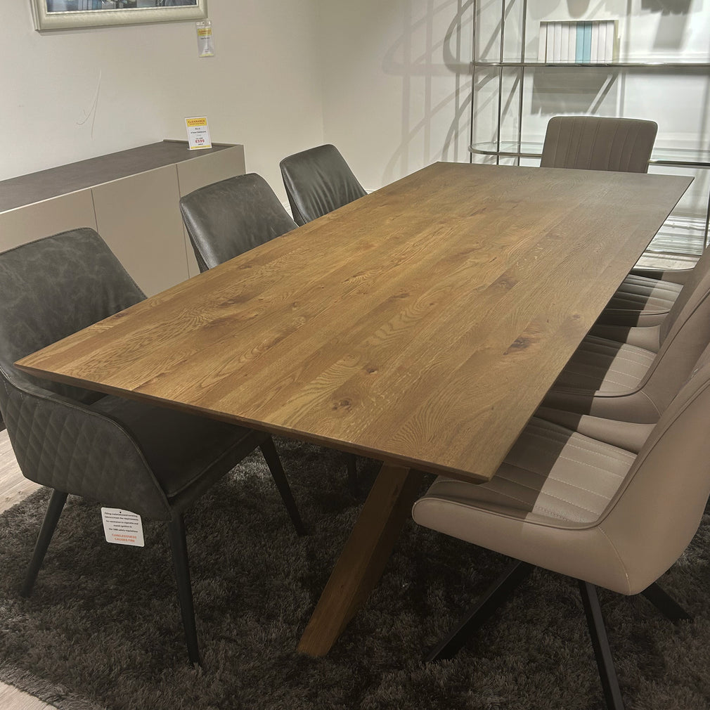 Lawrence 220cm Solid Oak Dining Table In Smoked Oak Laquered Finish / dented corner / use