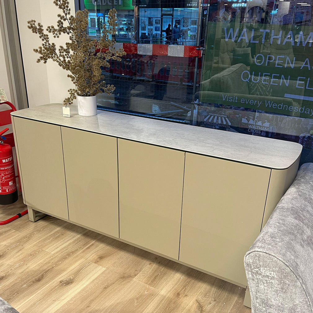 Bellini Sideboard In Beige With Beige Ceramic Top / chipped door edge.