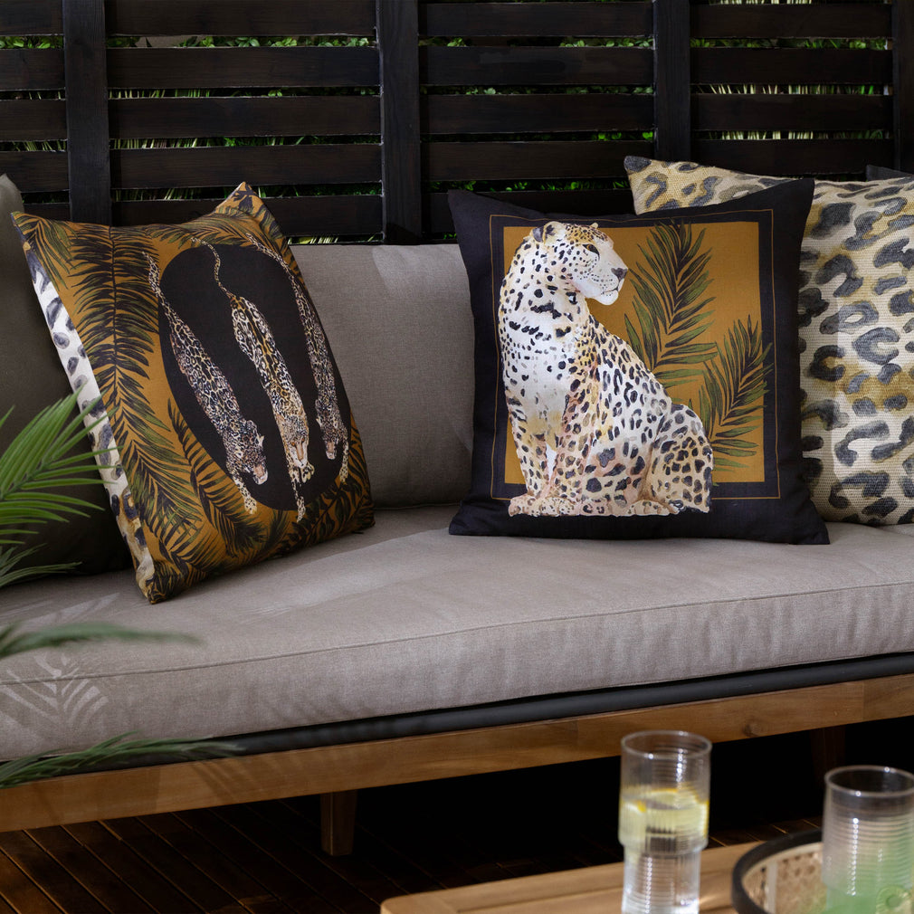 Leopardess - Black Gold Printed Outdoor Cushion 50x50cm