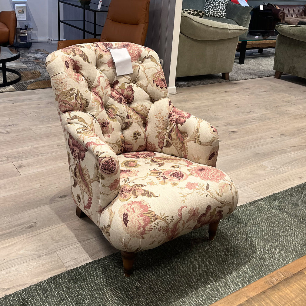 Brancaster Floor Model Accent Chair In Fabric Chatsworth Mulberry With Wood Antique Leg