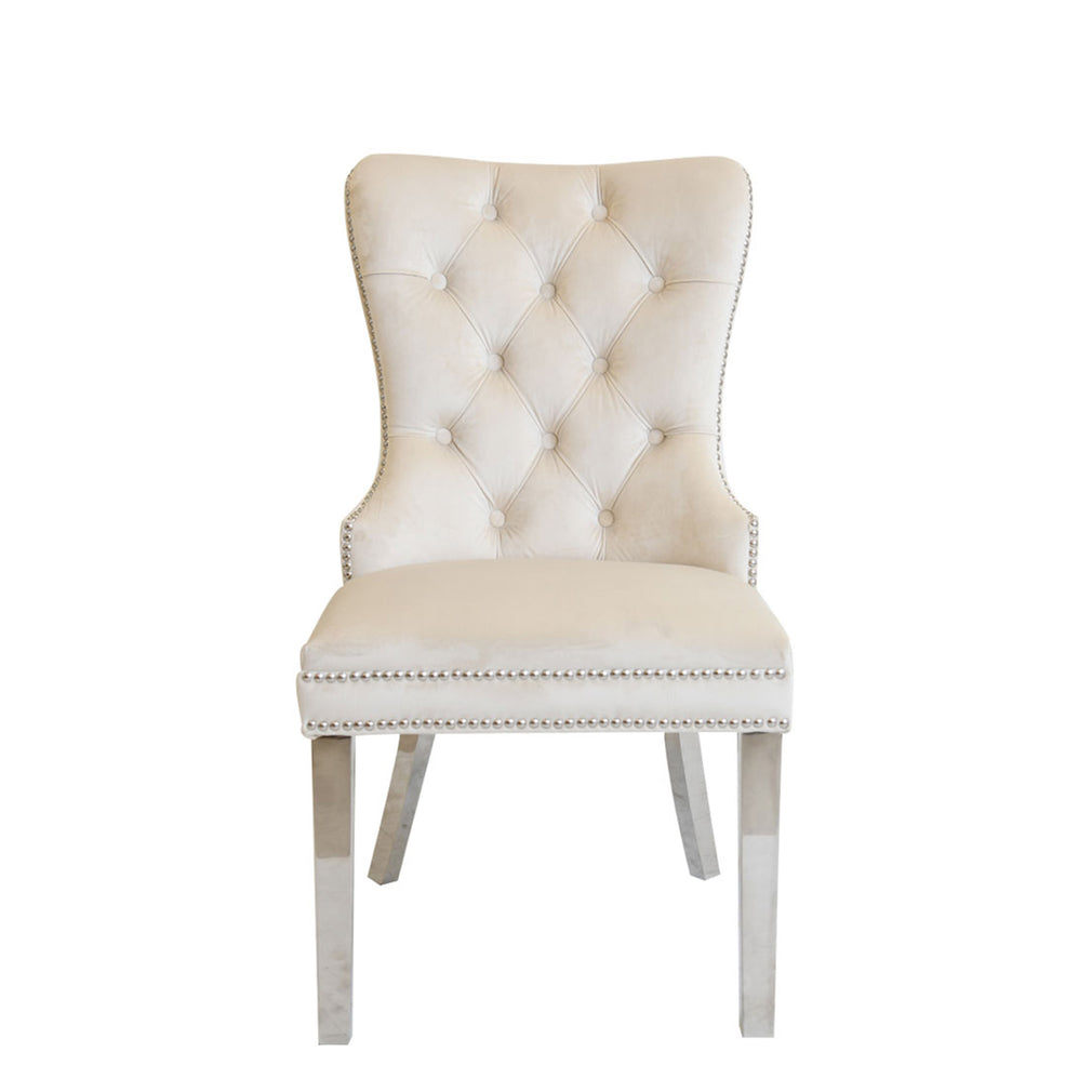 Metropole - Quilted Back Dining Chair In Beige Velvet With Rectangular Hook Handle