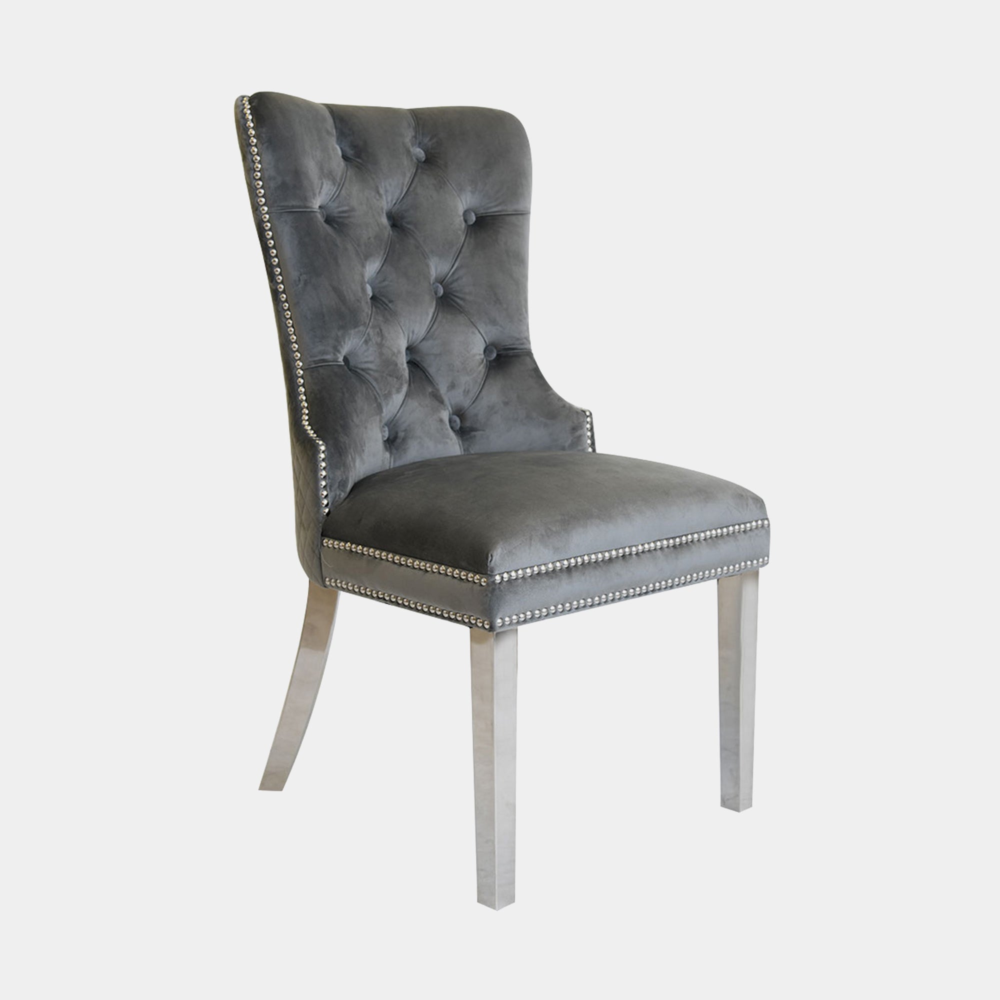 Metropole - Quilted Back Dining Chair In Grey Velvet With Rectangular Hook Handle