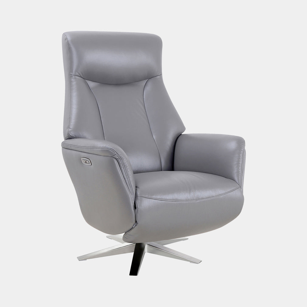 Power Swivel Recliner Chair In Leather Match Platinum with Satin Nickel Base