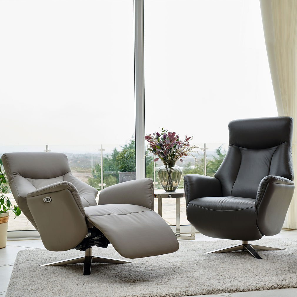 Power Swivel Recliner Chair In Leather Match Platinum with Satin Nickel Base