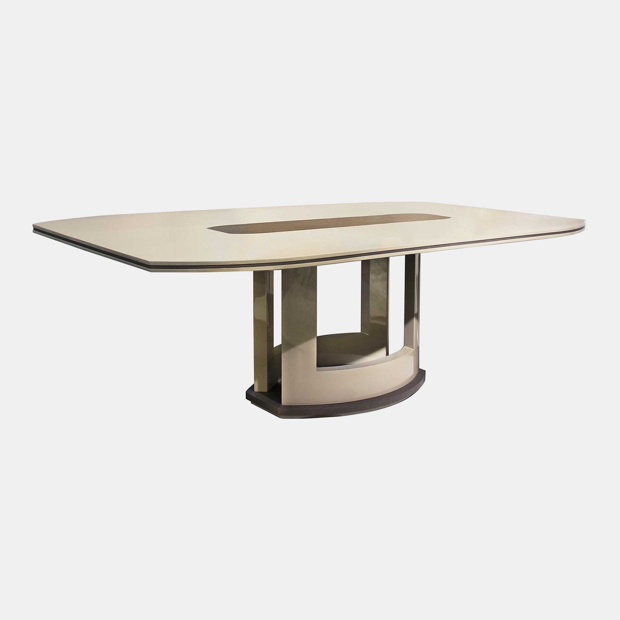 200x110cm Dining Table - HG Laq Top & Column, Oak Middle Strip Top Edge & Base Plinth