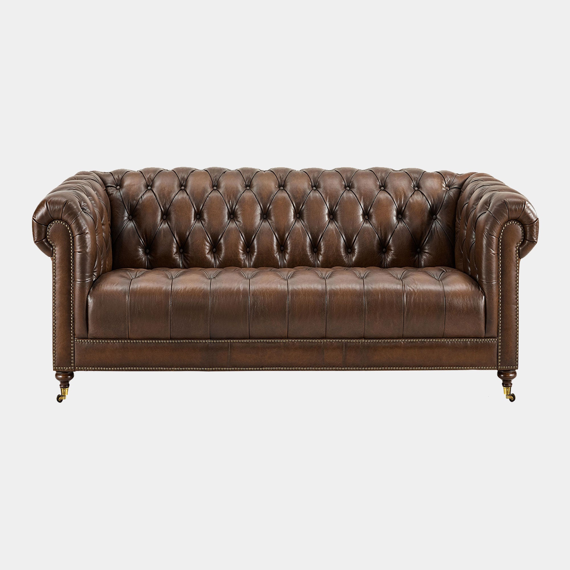 Churchill - 3.5 Seat Sofa In Leather Vintage LLS Cognac 1806/Antique Brass Studs With Mahogany Feet